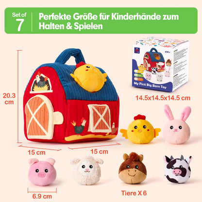 hahaland Baby Toys 6-12 Months - Farm Original Montessori Sensory Toy with Barn · 6 Animal Rattles & Mirror · Kids Motor Skills Toy 1-3 Years · Christmas and Easter Gift