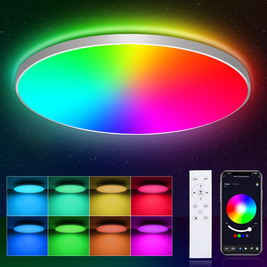 OPPEARL LED Ceiling Light Dimmable with Remote Control, 24W 16 Million RGB Color Changing Smart LED Ceiling Light Controllable via App, 2400LM Ceiling Lighting Ø30CM Lamp for Living Room Bedroom, White