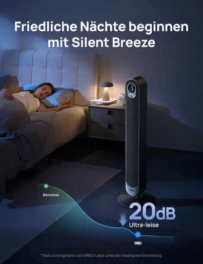 Dreo Smart 20dB Tower Fan Quiet, 9M Wind Distance Fan with Remote Control, 6 Speeds 4 Modes, 90° Oscillating Pedestal Fan with Voice Control for Bedroom, 12H Timer