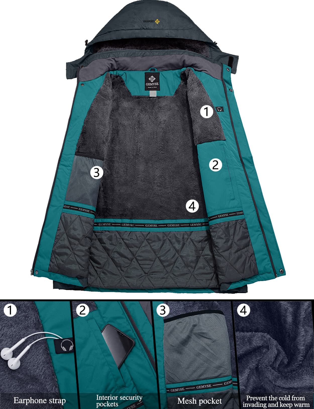 GEMYSE Women's Ski Jacket Waterproof Windproof Rain Jacket Hiking Jacket Hardshell Jacket with Hood for Winter (Acid Blue Gray, S)
