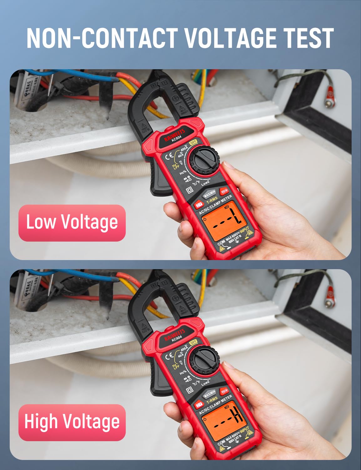 KAIWEETS Clamp Meter AC DC, True-RMS 4000 Count Clamp Multimeter with Flashlight Backlight for measuring AC/DC voltage current temperature continuity diode NCV, KC604.