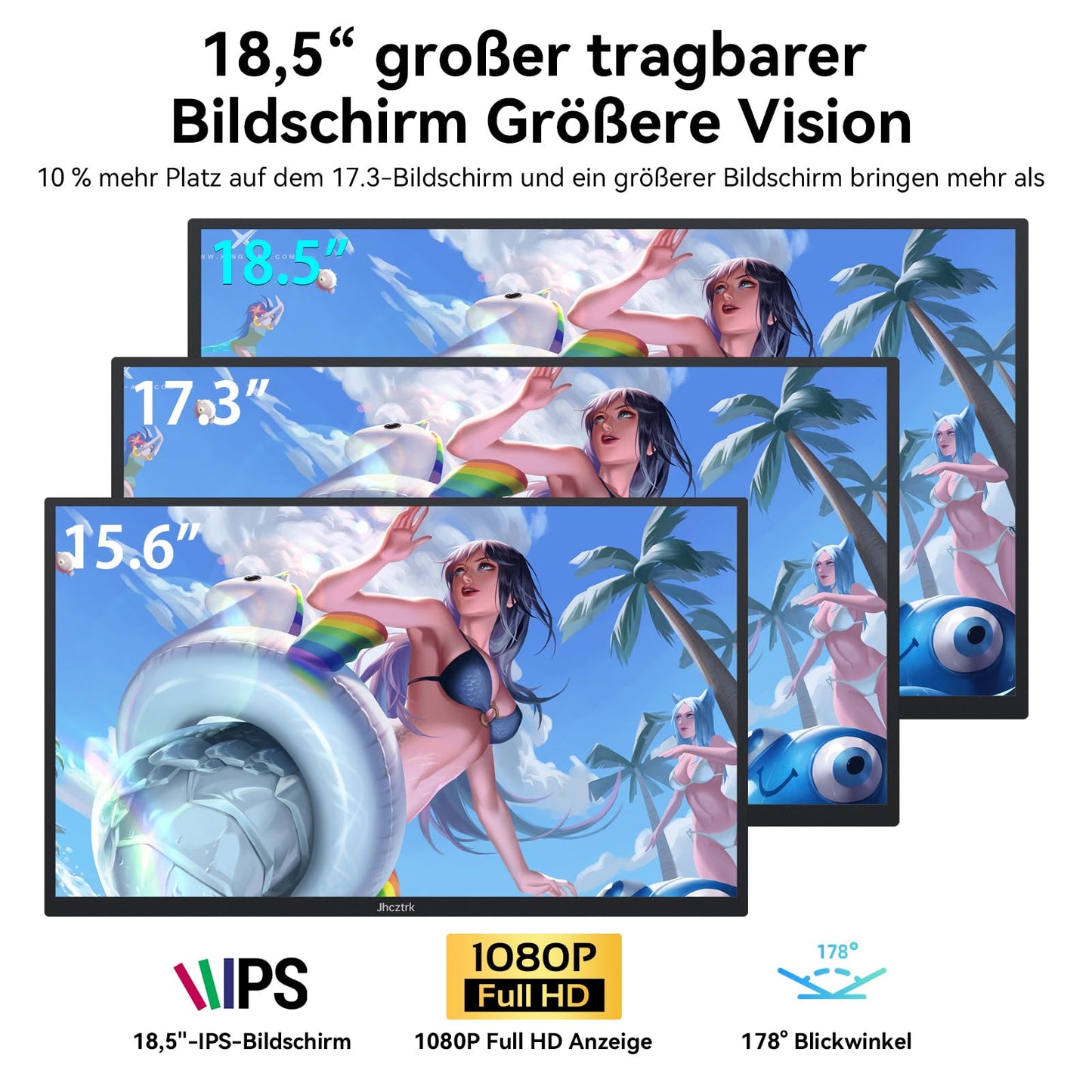 Jhcztrk 18.5 inch portable monitor 120Hz FHD 1080P HDMI USB-C, 100% sRGB, HDR gaming monitor. Built-in speakers, kickstand, and VESA travel. Ideal second screen for laptop, Mac, PC, Xbox, PS4/5, Switch.