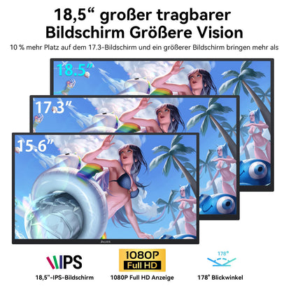Jhcztrk 18.5 inch portable monitor 120Hz FHD 1080P HDMI USB-C, 100% sRGB, HDR gaming monitor. Built-in speakers, kickstand, and VESA travel. Ideal second screen for laptop, Mac, PC, Xbox, PS4/5, Switch.