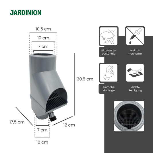 Jardinion rainwater filter, downpipe leaf diverter Silver 30.5 x 12 x 17.5cm Rainwater collector for downpipes DN75, DN85, DN100