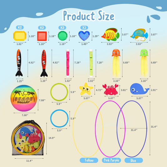 MutoToy® Dive Toy Set, 27PCS Kids' Water Toy Outdoor Dive Rings with Game Ball Dive Sticks Gemstones Pool Toy Swimming Toy for Diving Training Pool Party Swimming Pool.