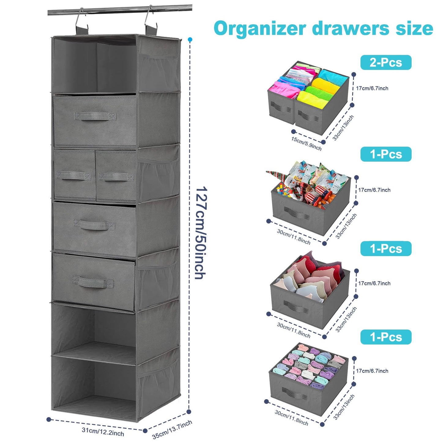 VERONLY hanging shelf with 7 compartments hanging organizer wardrobe organizer hanging storage fabric with 5 drawers and 8 mesh pockets foldable storage system for bedroom, camper camping (gray)