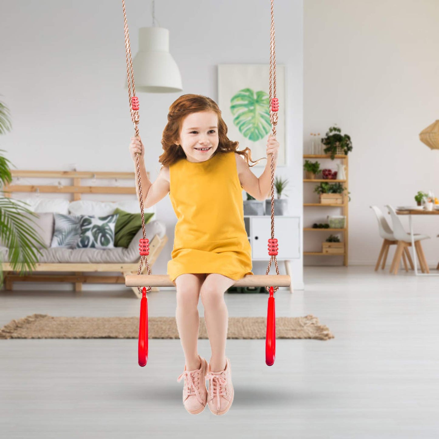 PELLOR Multifunctional Kids Wooden Trapeze Swing with Plastic Gymnastic Rings for Hanging, supports up to 160KG, Red.