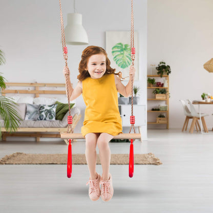 PELLOR Multifunctional Kids Wooden Trapeze Swing with Plastic Gymnastic Rings for Hanging, supports up to 160KG, Red.