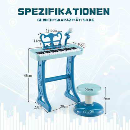 DREAMADE Kids Keyboard, 37 Keys Electronic Piano with Music Stand & Microphone & Stool, Piano Toy for Children aged 3+, Supports up to 50kg (Blue)