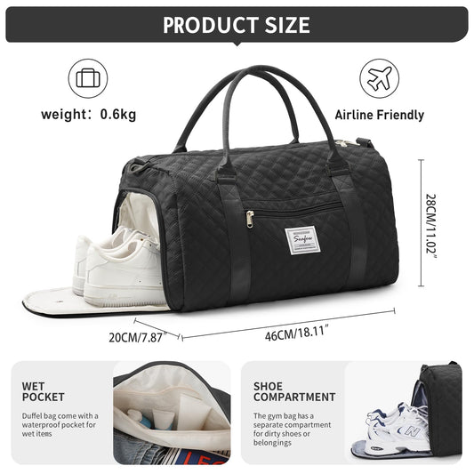 Women's travel bag, sports bag, carry-on bag, weekend bag with toiletry bag, wet pocket, and shoe compartment. Swim bag, travel duffle bag, waterproof sports duffel bag for women. Black.