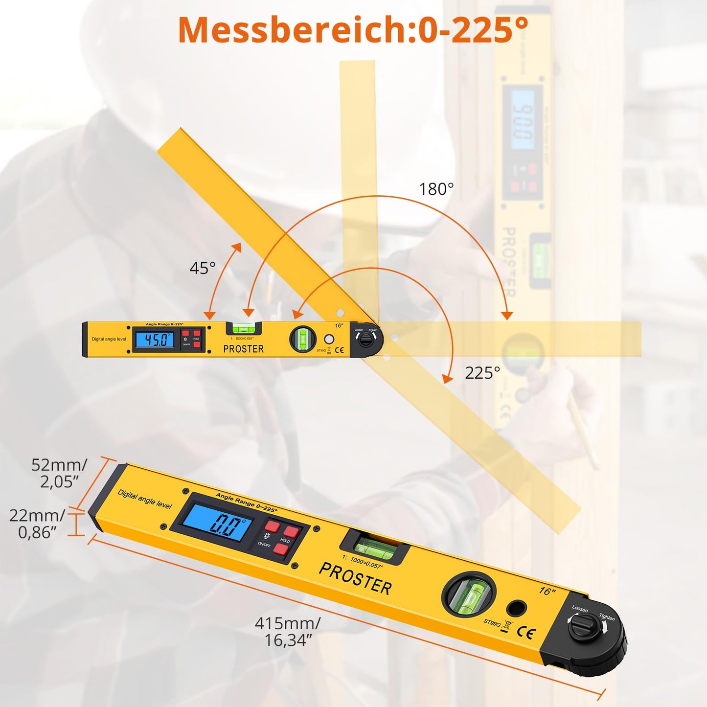 Angle Finder 0-225° Digital Angle Gauge 400mm/16 Inch Angle Ruler with Battery and LCD Backlight Horizontal & Vertical Spirit Level Angle Measurement Detector for Construction Technology