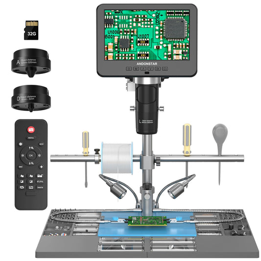 Andonstar AD246S-M Plus 7'' HDMI soldering digital microscope for electronics repairs, 2000x 3 lens 2160P UHD video recording, soldering microscope station with helping hands, coin microscope, 32GB card.