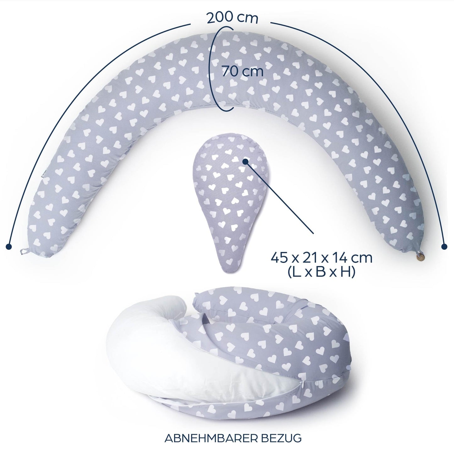 Niimo XXL+ 2-in-1 Pregnancy & Nursing Pillow - Includes Support Wedge, 100% Cotton Cover with Fiber Filling, 100% Washable, Ergonomic & Multifunctional, Grey with White Hearts (200 x 70 cm)