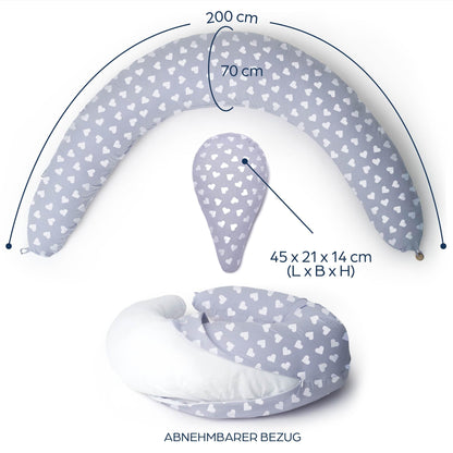 Niimo XXL+ 2-in-1 Pregnancy & Nursing Pillow - Includes Support Wedge, 100% Cotton Cover with Fiber Filling, 100% Washable, Ergonomic & Multifunctional, Grey with White Hearts (200 x 70 cm)