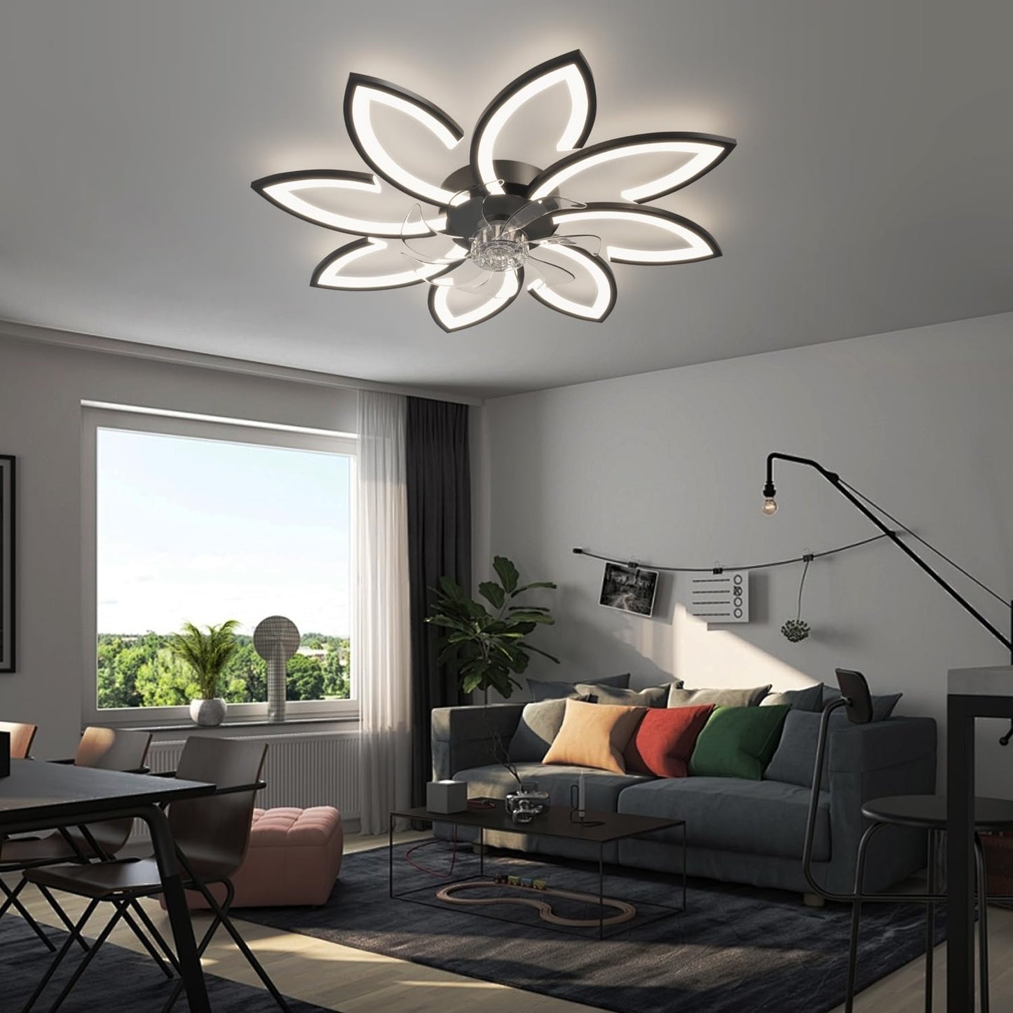 Ceiling fan with lighting and remote control app, lamp with fan Quiet, flower modern design, dimmable, memory function, DC motor, summer winter operation reversible, black