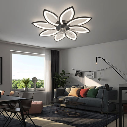 Ceiling fan with lighting and remote control app, lamp with fan Quiet, flower modern design, dimmable, memory function, DC motor, summer winter operation reversible, black
