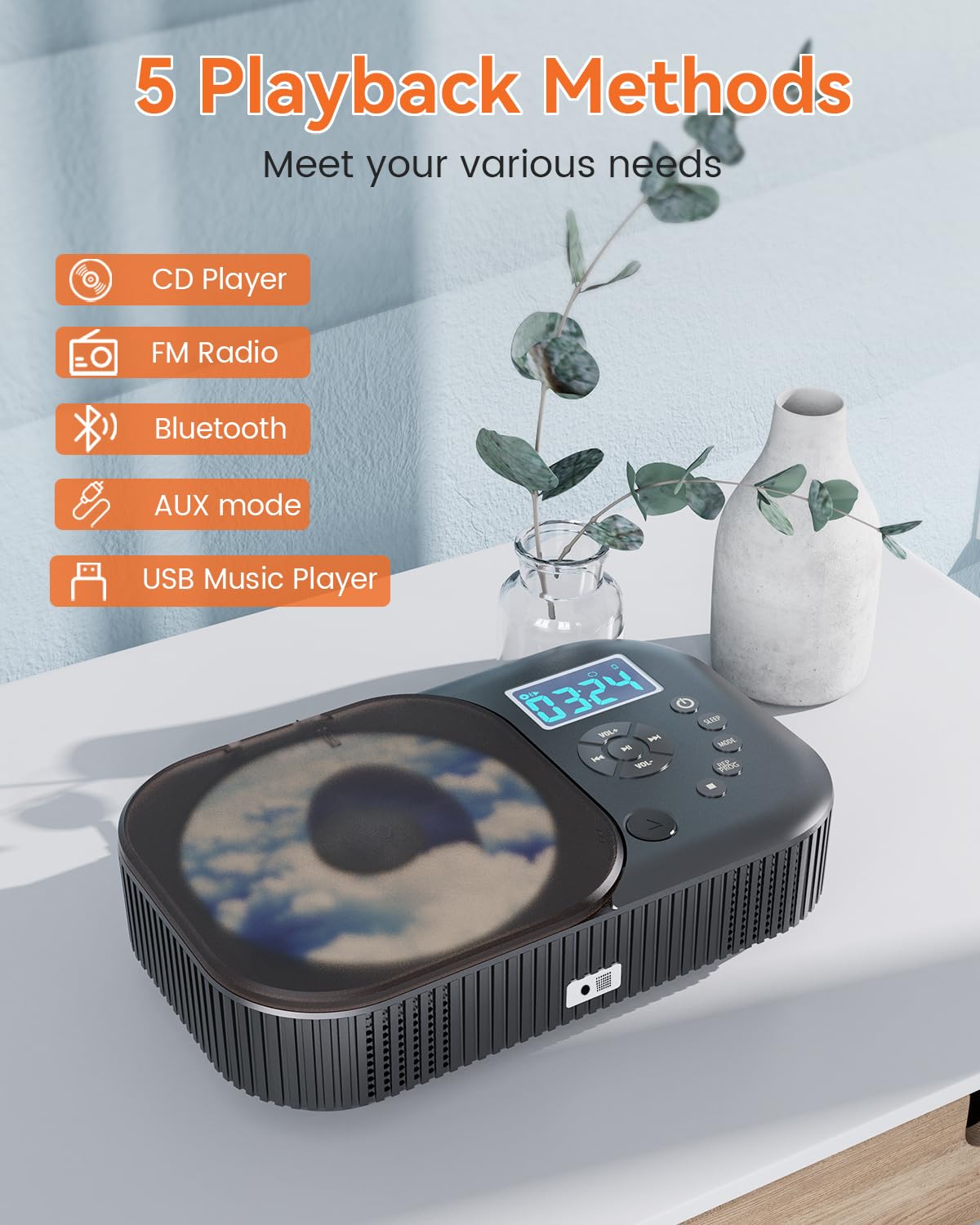 MONODEAL portable CD player with two stereo speakers, Bluetooth, and radio. Rechargeable Discman CD player, supports AUX/USB.