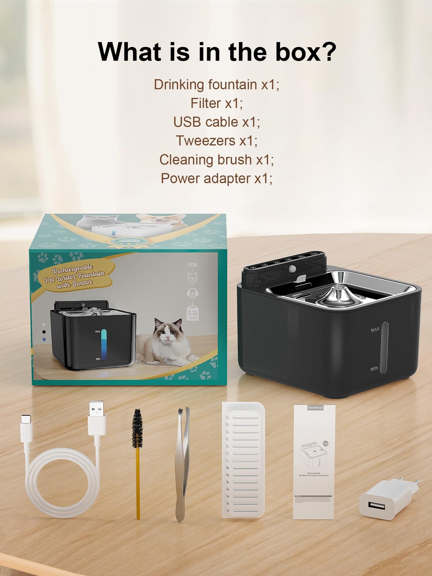 PLOOHT Cat Drinking Fountain Wireless, Cat Fountain with Motion Sensor, Cat Fountain Battery Operated 3.2L, Built-in 4000mAh Rechargeable Battery, with Quiet Pump and Filter, Black