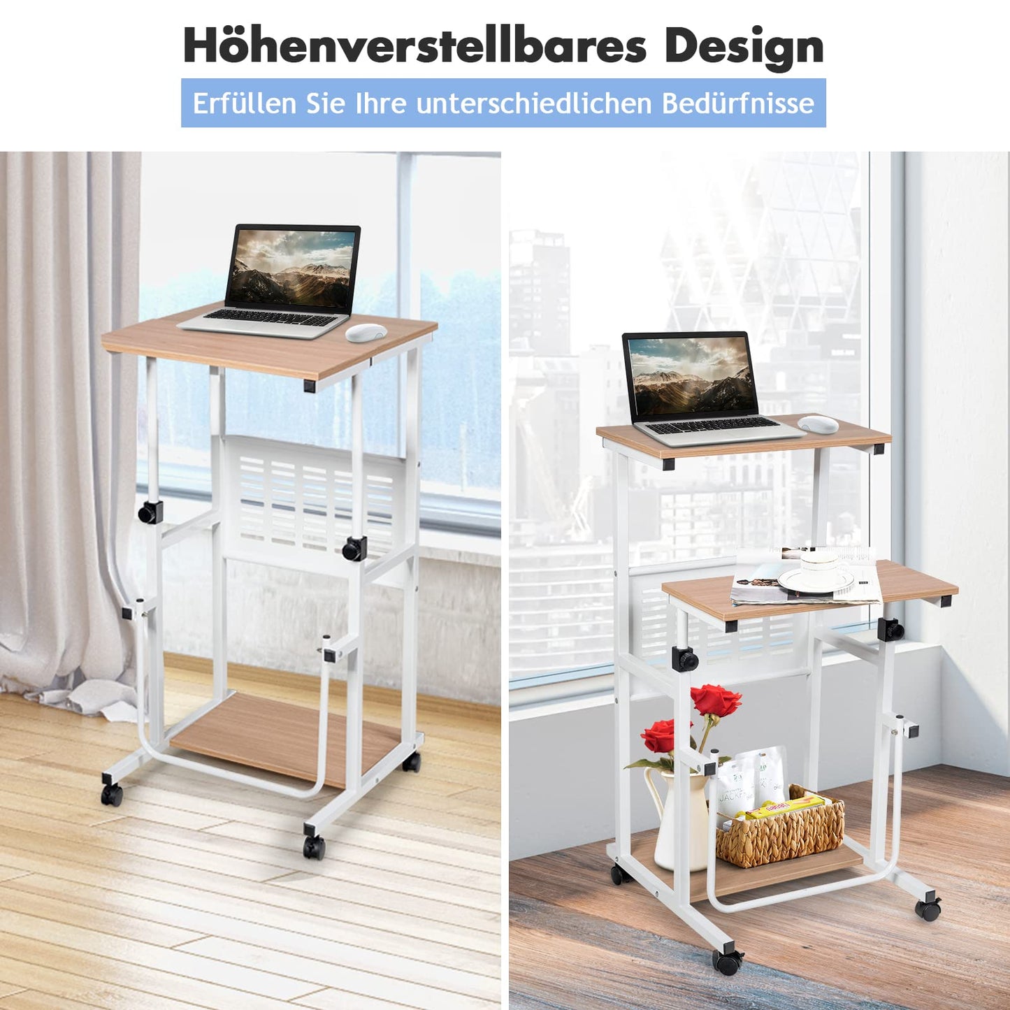 GOPLUS Laptop Table on Wheels, Standing Desk with Height-Adjustable Shelf, Space-Saving Stand-Up Computer Desk with Metal Frame, Storage Space and Footrest, Holds up to 23 kg, Natural.