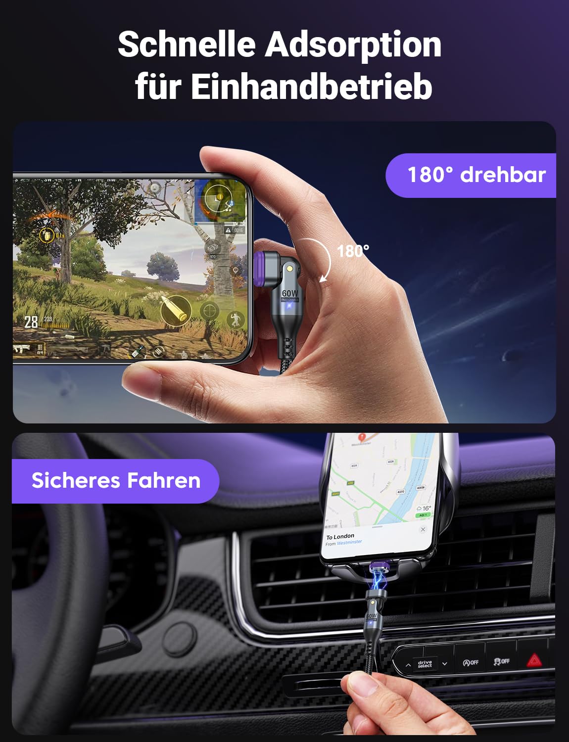 AUFU 60W Magnetic USB C Charging Cable, 16 PIN USB C Magnetic Charging Cable [2 Pack 2M], Magnetic Cable 20V/3A Fast Charging and Data Transfer Magnetic 180° Rotatable for iPhone 16 15/Galaxy Samsung S23