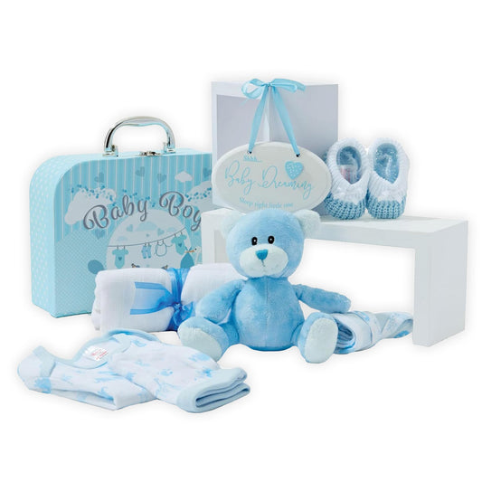 Baby Box Shop Baby Shower Boy Gift - 9 Piece Baby Gift Set, Newborn Boy, Baby Gift Set - Gift Basket Set - Blue