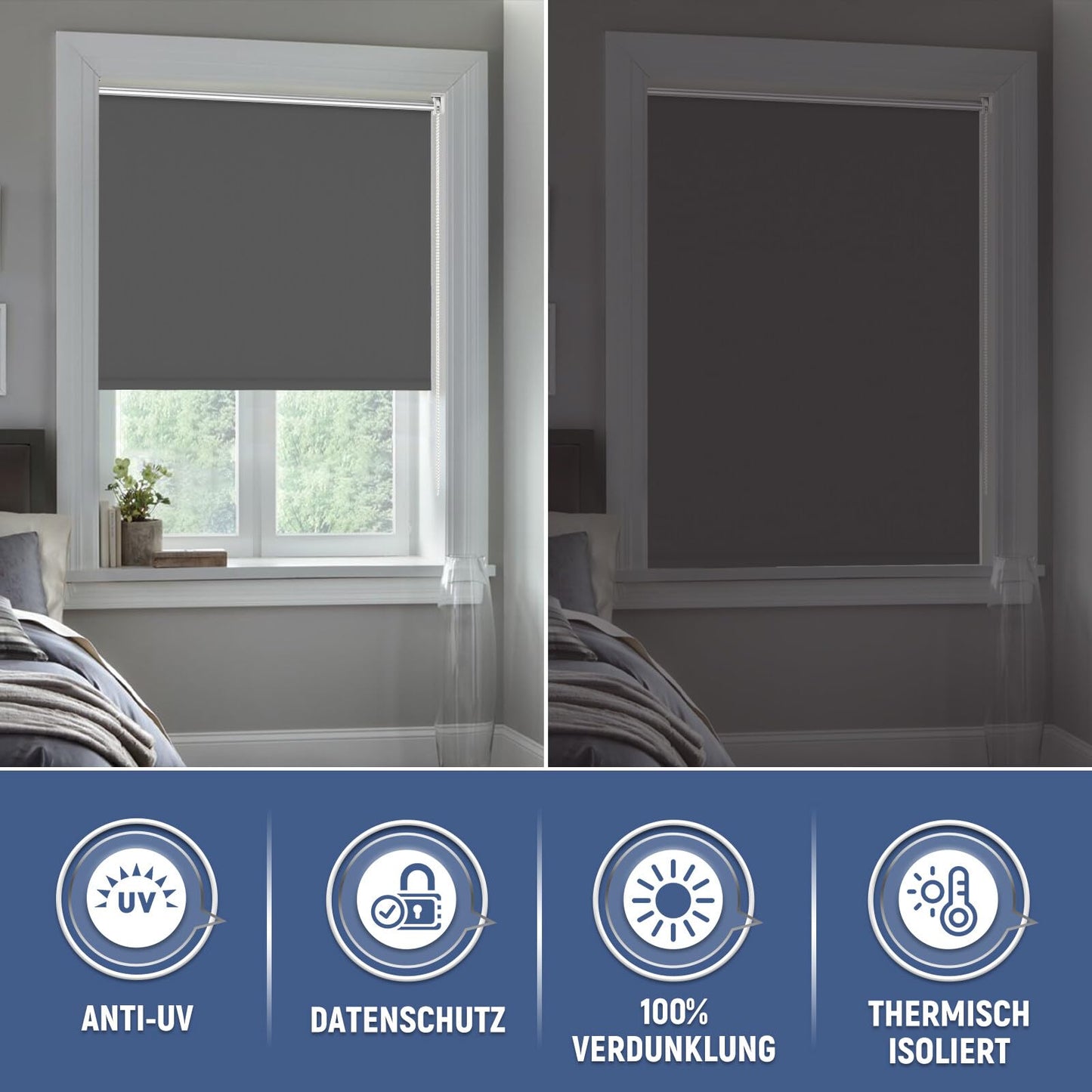 Blackout roller blind clamp fix roller without drilling dark grey W65 x H120cm - fabric width 60cm window darkening blinds sun protection window interior without drilling