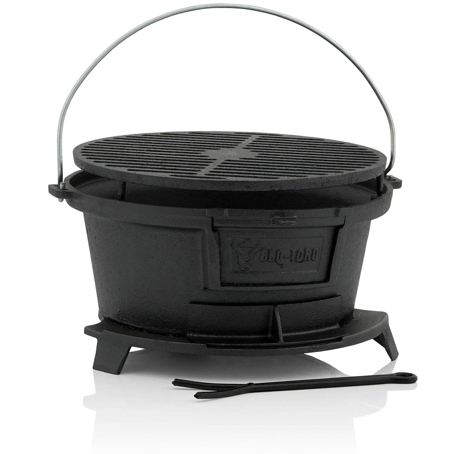 BBQ-Toro cast iron grill pot with grill grate | (W) 32 x (D) 33 x (H) 18 cm | Hibachi style grill with grate lifter | Charcoal camping grill, cast iron fire pot, BBQ grill, Dutch oven station