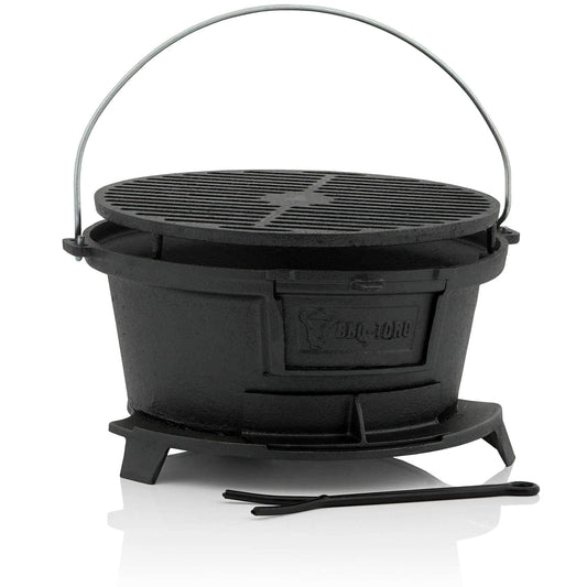 BBQ-Toro cast iron grill pot with grill grate | (W) 32 x (D) 33 x (H) 18 cm | Hibachi style grill with grate lifter | Charcoal camping grill, cast iron fire pot, BBQ grill, Dutch oven station