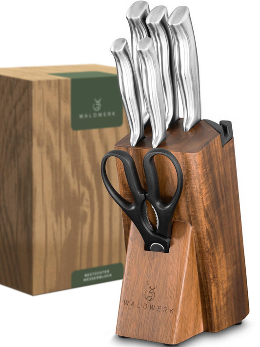 ForestWood Knife Block - 7-piece Knife Set with Knife Block and built-in Knife Sharpener - Knife block with knives - Kitchen Knife Set - Knife set with block - Knife Set