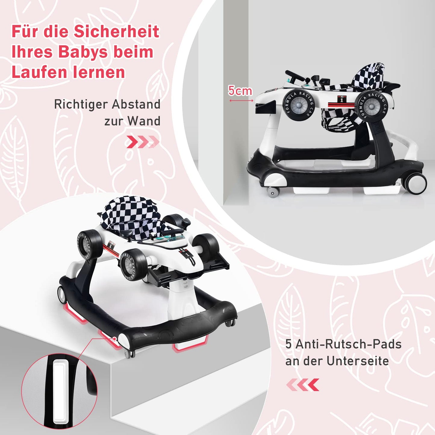 COSTWAY 4 in 1 Baby Walker, foldable with adjustable height & speed. Features music box, lights, and wheels. Suitable for babies from 6 months old, can hold up to 12kg. Color: White.