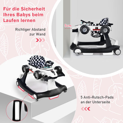 COSTWAY 4 in 1 Baby Walker, foldable with adjustable height & speed. Features music box, lights, and wheels. Suitable for babies from 6 months old, can hold up to 12kg. Color: White.