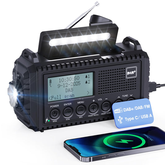 Crank radio DAB/FM, portable solar radio with LED flashlight & reading light, DAB+/FM dynamo radio IPX4, 5000mAh rechargeable emergency radio and SOS alarm. Suitable for hiking, camping, outdoor activities.