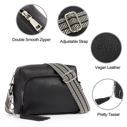 CLUCI Women's Crossbody Bag with Wide Strap, PU Leather Shoulder Bag with Fringe, Adjustable Shoulder Strap, Small Handbag in Black