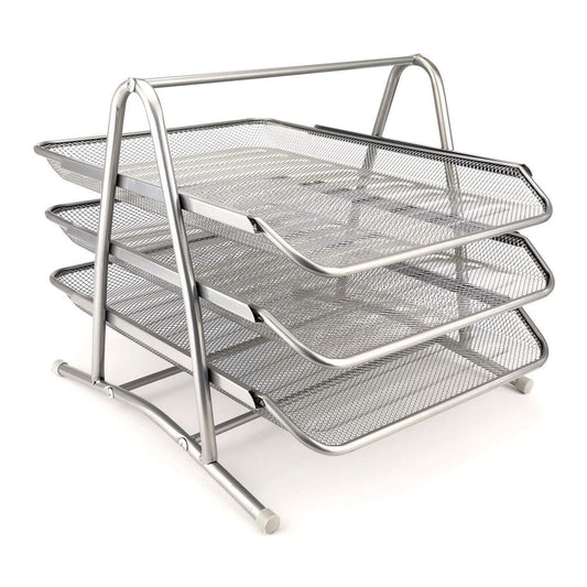 D.RECT 110486 Metal Storage Trays Stackable - Office Desk Organizer - Desk Tray - 3 Drawers Letter Tray Document Tray A4 Organizer Mesh - Paper Tray Silver File Tray