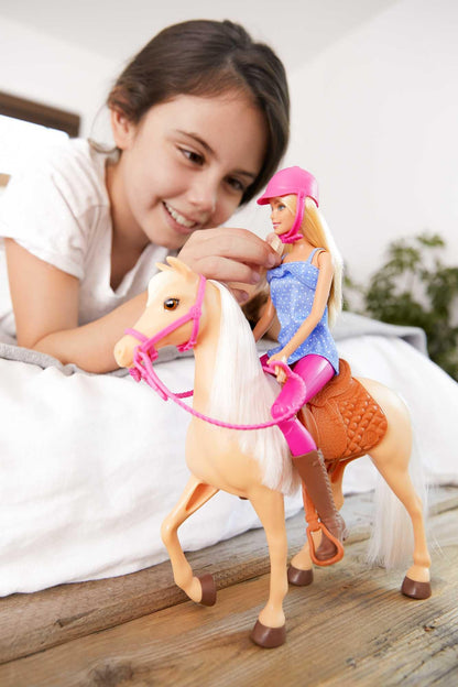 Barbie doll and horse toy, riding accessories, includes 1 doll and 1 horse, suitable as a gift for children aged 3 years and up, FXH13.