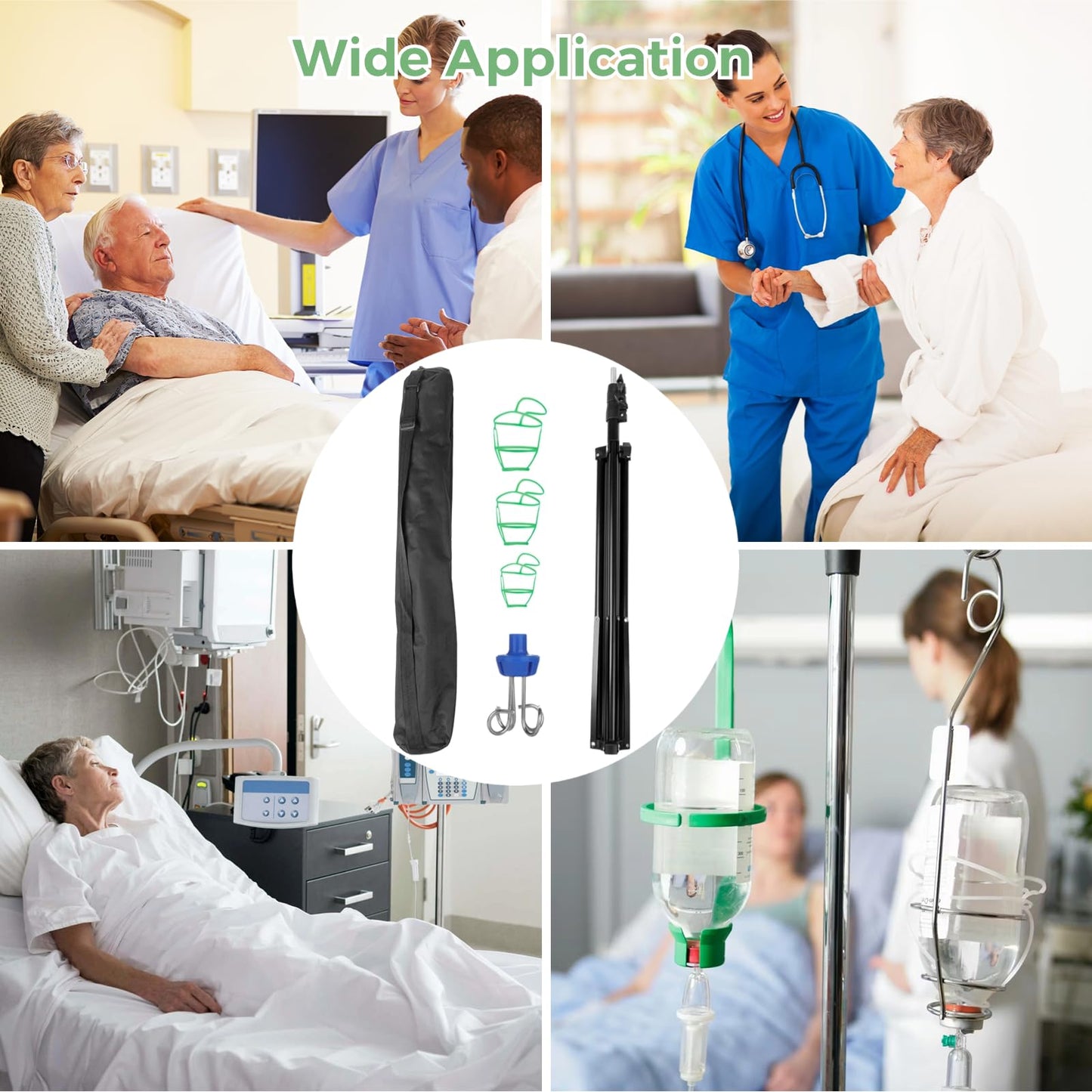IV stand with 4 hooks and 3 mesh bags, collapsible tripod for IV infusion stands, portable mobile infusion bottle stand