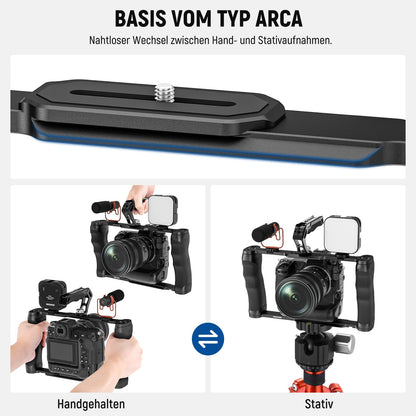NEEWER Universal Camera Cage with Top Handle and 3/8" ARRI Locating Pins, Video Rig Stabilizer with Arca Swiss Base, Two Hand Grips, compatible with SmallRig Accessories, CA016T.