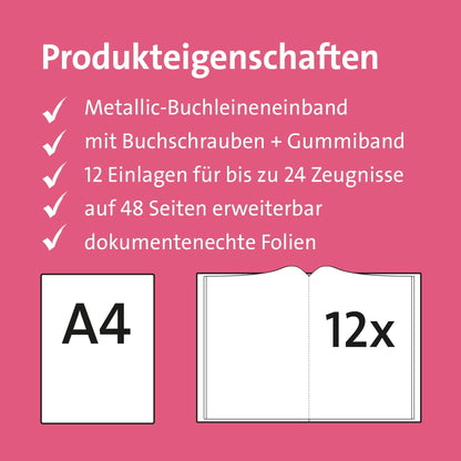 ROTH Certificate Folder Metal Pink with Binding Screws - includes 12 A4 clear pockets, expandable.