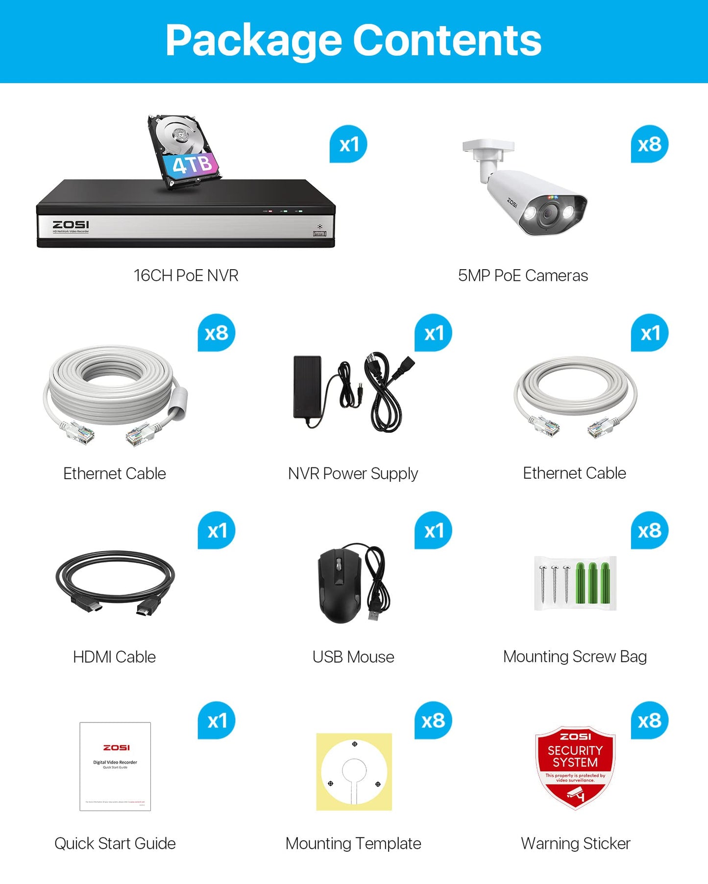 ZOSI 5MP Surveillance Camera Outdoor Set, 16CH 4TB HDD NVR and 8X 5MP PoE IP Outdoor Camera for 24/7 recording, 2-way audio, AI detection, spotlight, and sound alarm.