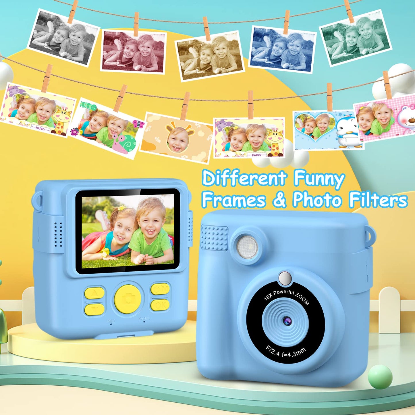 GREENKIDS Kids Camera Instant Camera, 1080P 2.4 Inch Screen Instant Camera for Kids with Printing Paper & 32GB Card, Digital Camera for Kids with Colored Pens Gift for Boy 3-12 Years