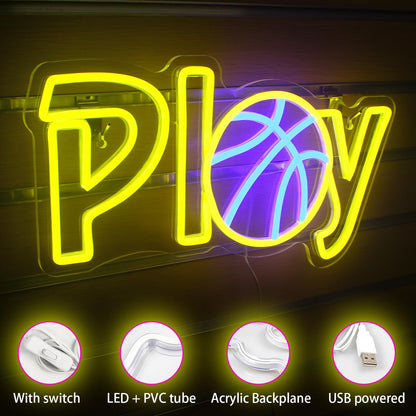 LUCUNSTAR Basketball Neon Sign for Wall Decor, Play Neon Light, Basketball LED Sign with USB Powered for Game Room, Living Room, Basketball Court