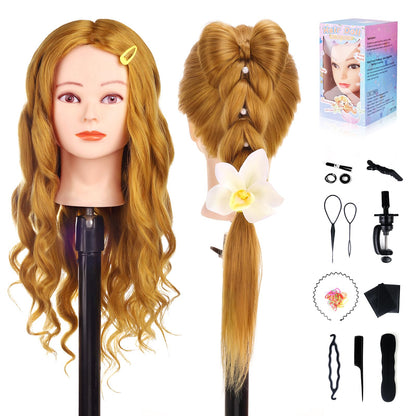 TopDirect Styling Head, 66cm/26 inch doll head for styling long hair, 70% human hair training head, hairdressing mannequin with braiding aid & stand, gold