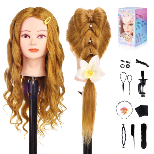 TopDirect Styling Head, 66cm/26 inch doll head for styling long hair, 70% human hair training head, hairdressing mannequin with braiding aid & stand, gold