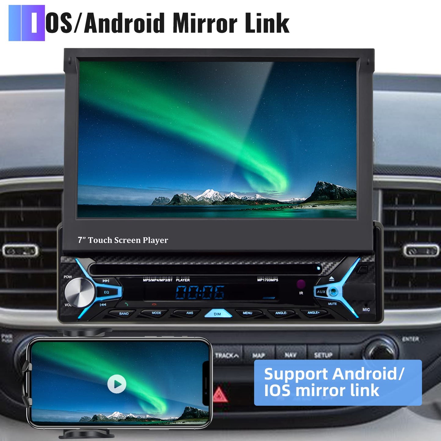 2GB+32GB Android car stereo 1 Din with GPS navigation DVD CD 7 inch Automatic retractable touchscreen DVD car stereo with Bluetooth Mirror Link AM/FM Radio WiFi/USB/AUX/EQ/DAB Radio with rear camera microphone