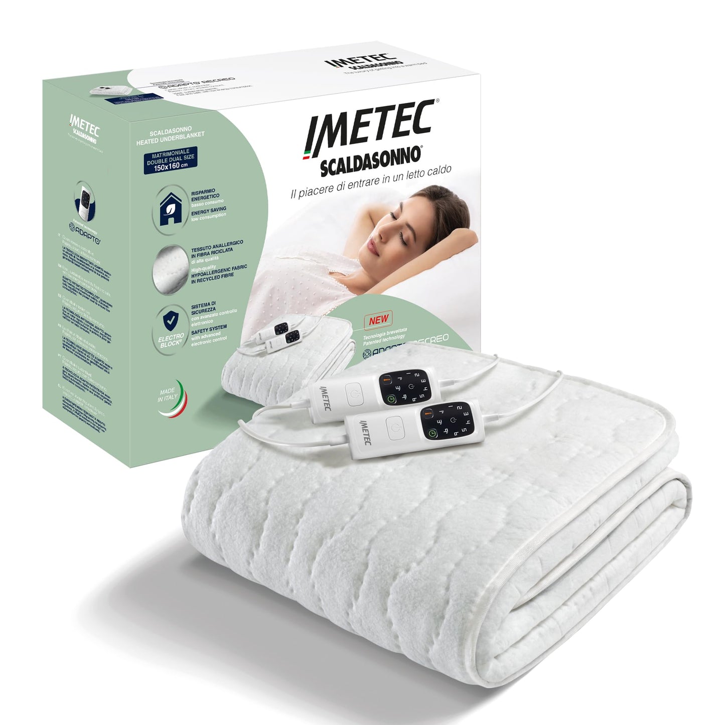 Imetec Adapto Recreo | Electric Heating Pad, 150 x 160 cm, Fast Heating, Customizable Temperature, Hypoallergenic, Quilted, Washable Fabric, Made in Italy, 6 Temperature Settings.