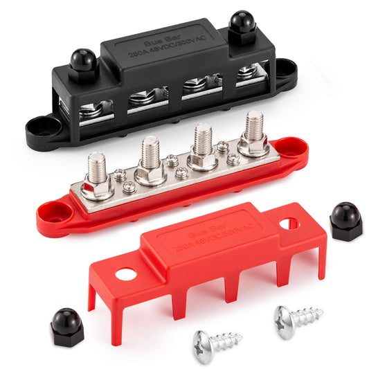250A 12V busbar with 4 x M8 (5/16") terminal studs, DC bus bar distribution block with cover, negative & positive high power bus bar box for car, boat, solar system (M8)