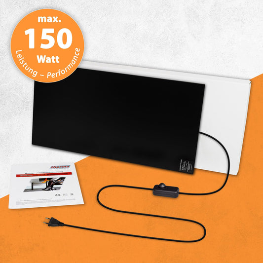Infrared heat panel desk heater 30x60cm 150W with dimmer for stepless control, IR office heater for warm legs, self-adhesive for the desk/worktable.