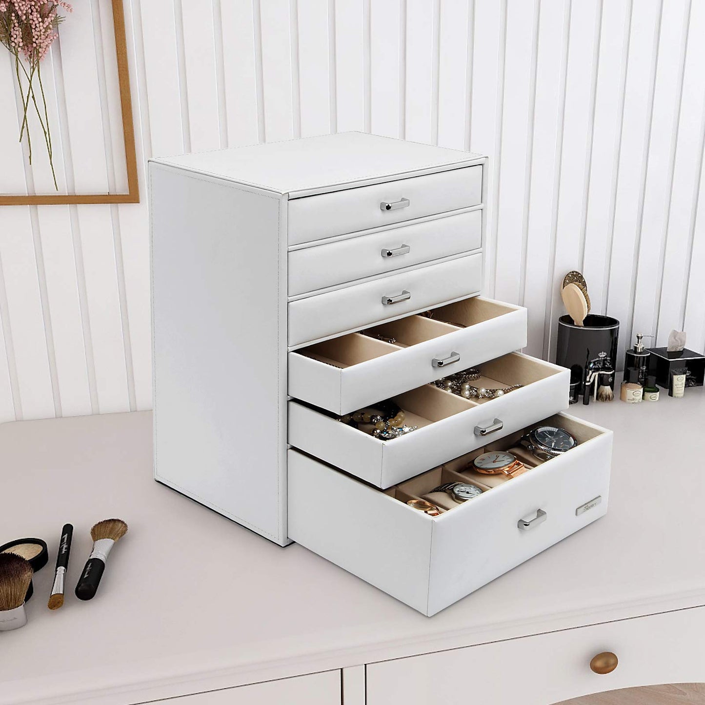 Yorbay jewelry box with 6 drawers in white, Seelux series jewelry box for necklaces, watches, rings, bracelets, earrings (Reusable)