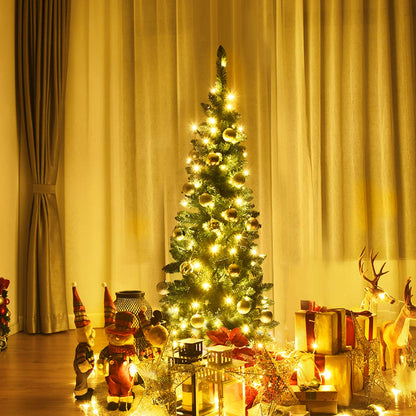 COSTWAY 135/200/225cm pencil Christmas tree with warm white LED lights, artificial fir tree with folding system and metal stand, PVC needles, green artificial Christmas tree (135cm)