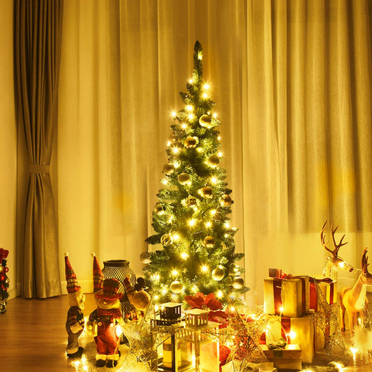 COSTWAY 135/200/225cm pencil Christmas tree with warm white LED lights, artificial fir tree with folding system and metal stand, PVC needles, green artificial Christmas tree (135cm)